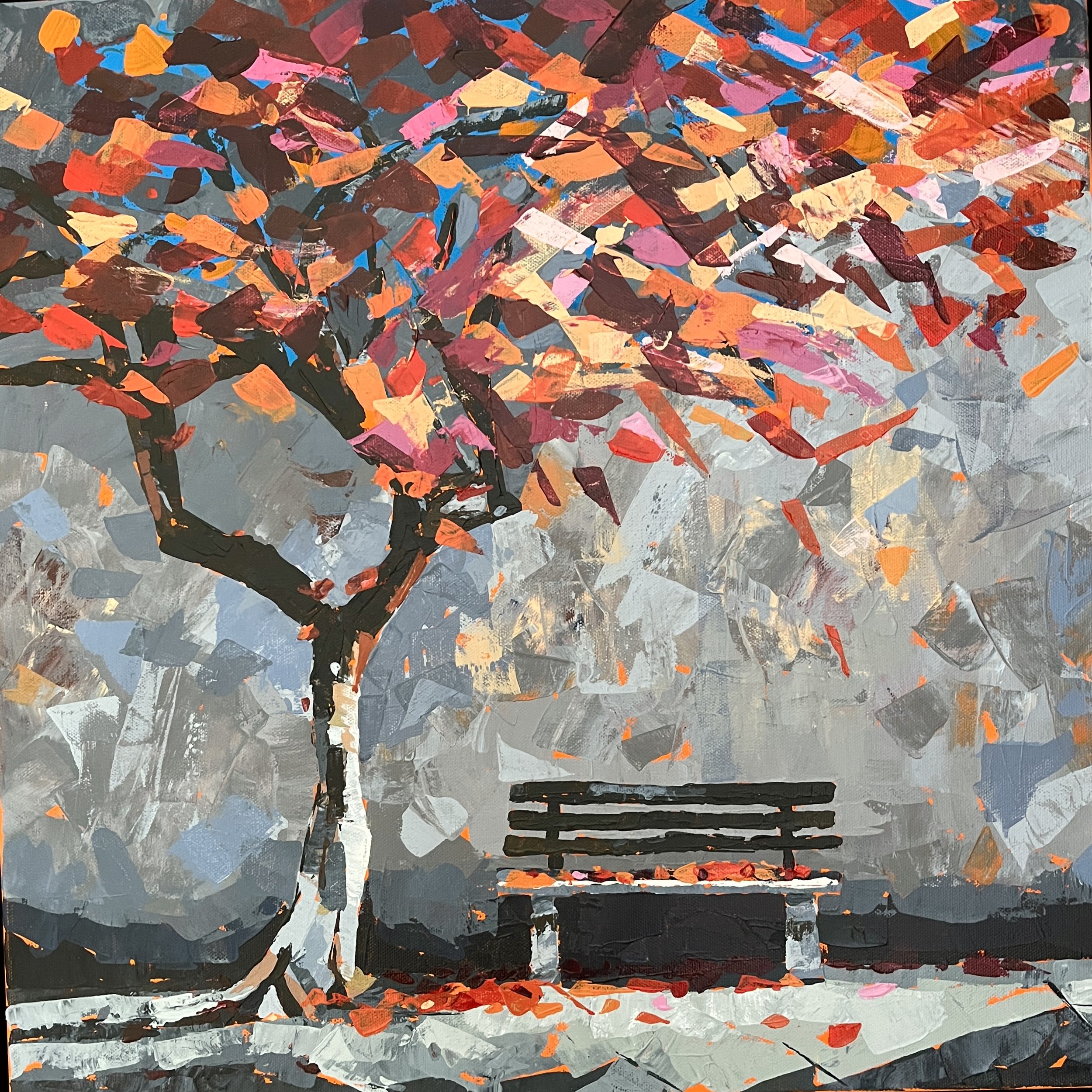 Bench with colorful tree