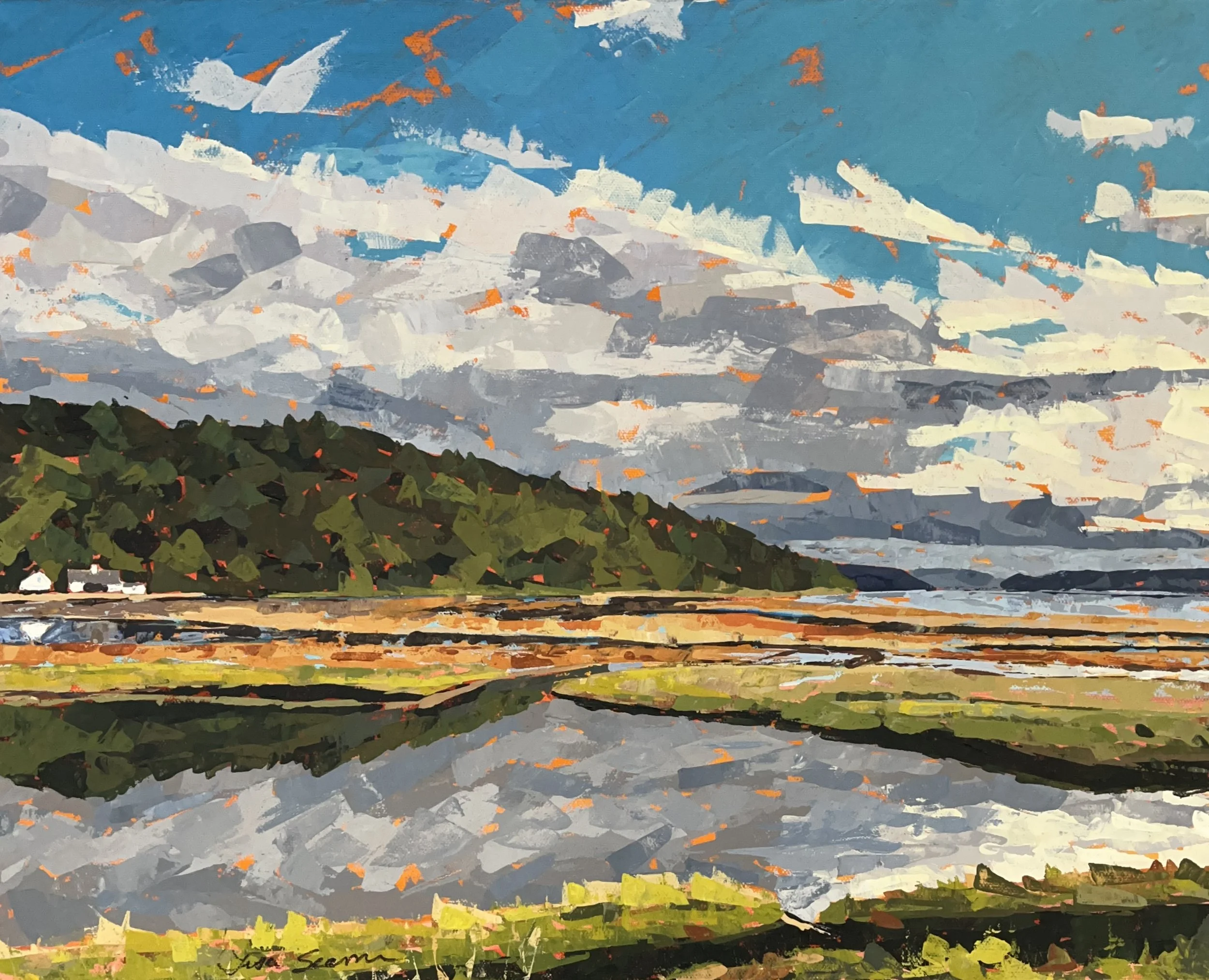 Water and clouds with green hills - by Lisa Seaman