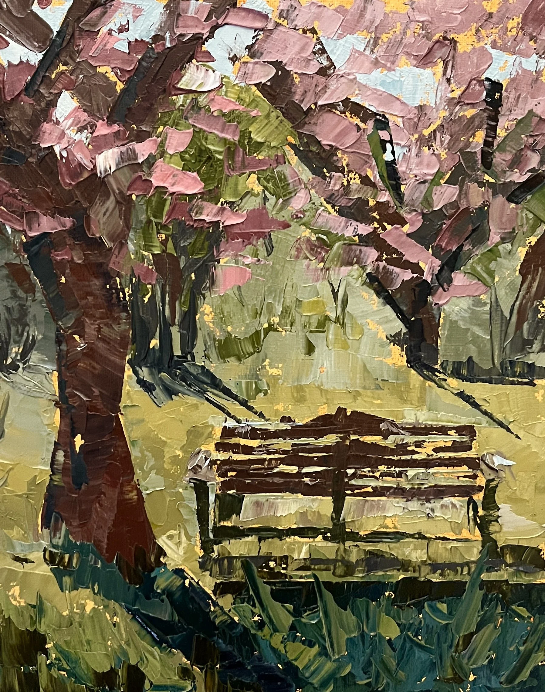 Painting of pink flowering tree and bench, by Lisa Seaman