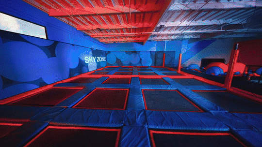 Indoor trampoline park with blue and red padded flooring and walls, labeled 'Sky Zone.'