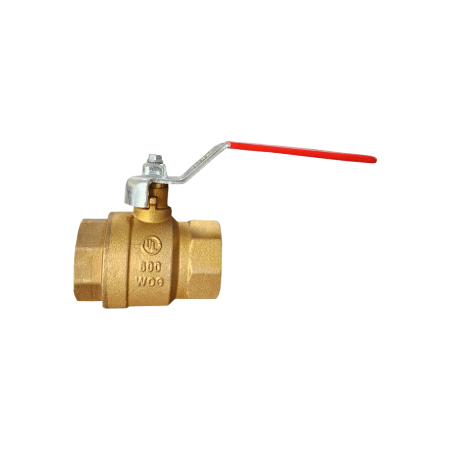 Válvula de bola de bronce con palanca de control y mango rojo largo.