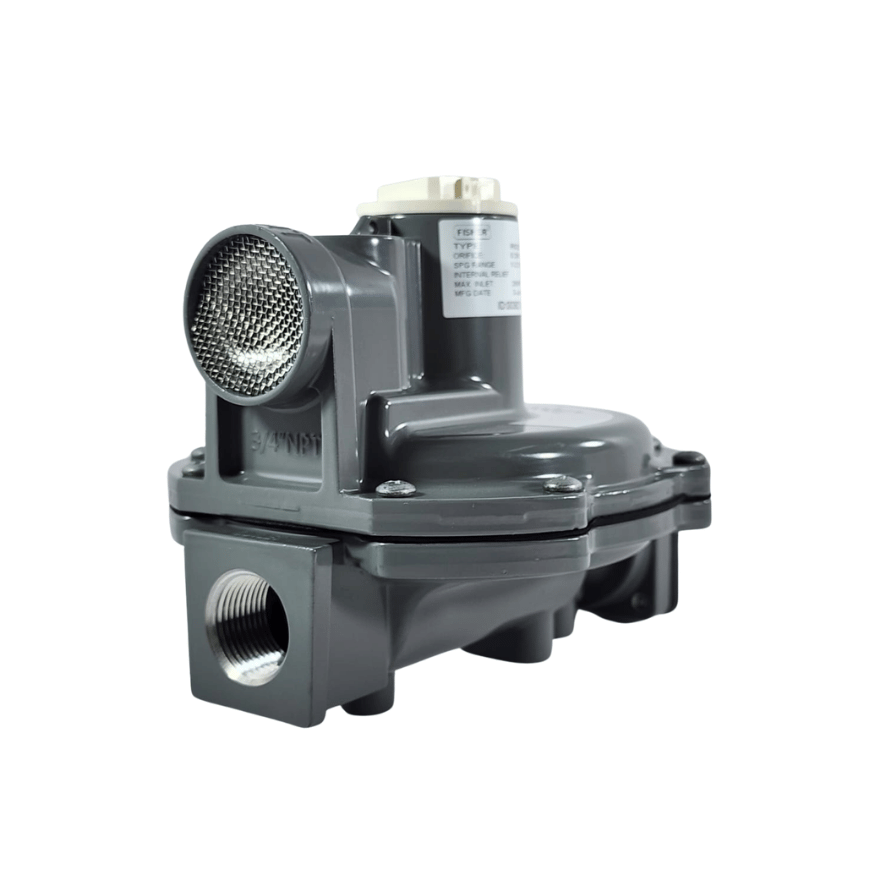 Regulador Fisher, dos etapas, Entrada 1/4” HNPT - Salida 3/4” HNPT, 2 PSI, 850.000 BTU/H