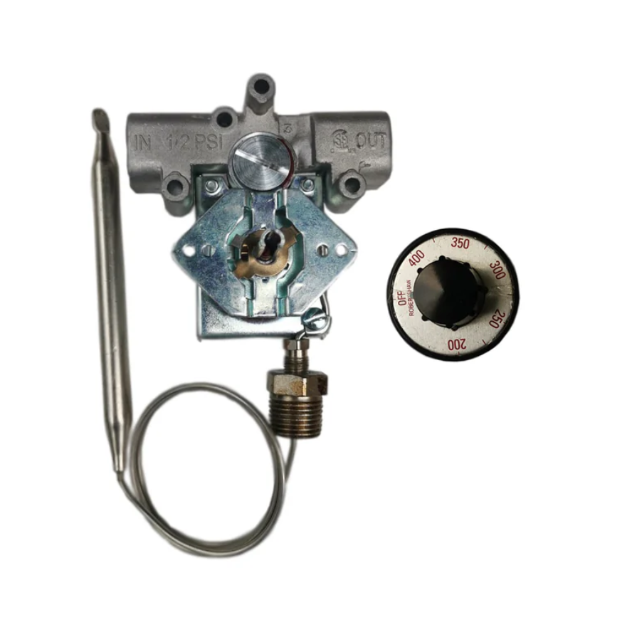 A pressure control valve with a temperature dial and a temperature sensor probe attached.