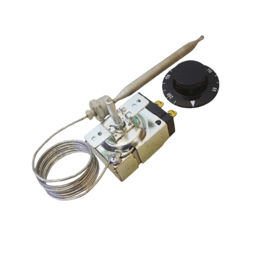 A mechanical oven thermostat with a temperature control dial, a coiled wire sensor, and a metal probe for temperature measurement.
