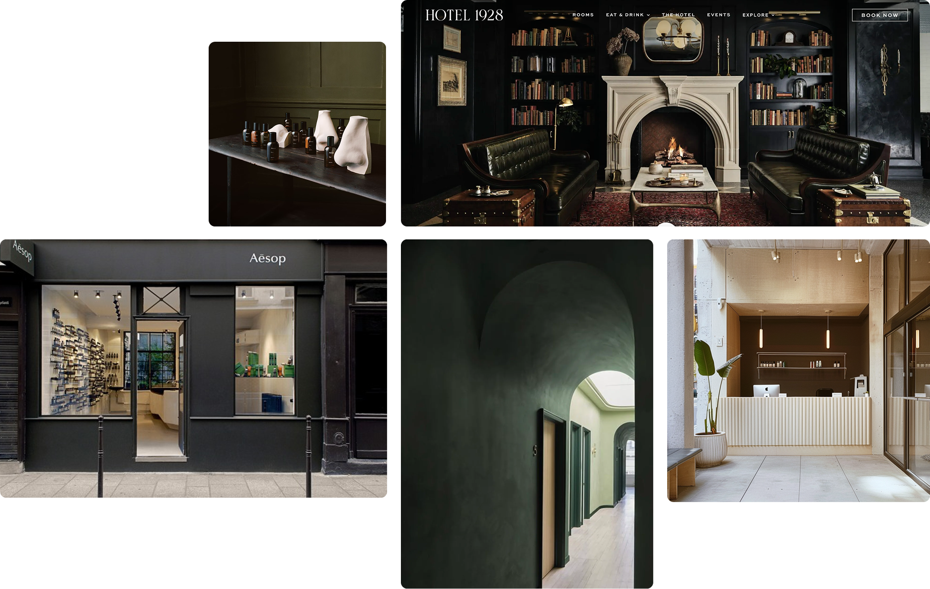 Collage of interior and exterior spaces of modern hotels and retail stores, including a cozy living room with a fireplace and bookshelves, a sleek product display storefront, minimalist hallways, and a reception area with a plant and computer.