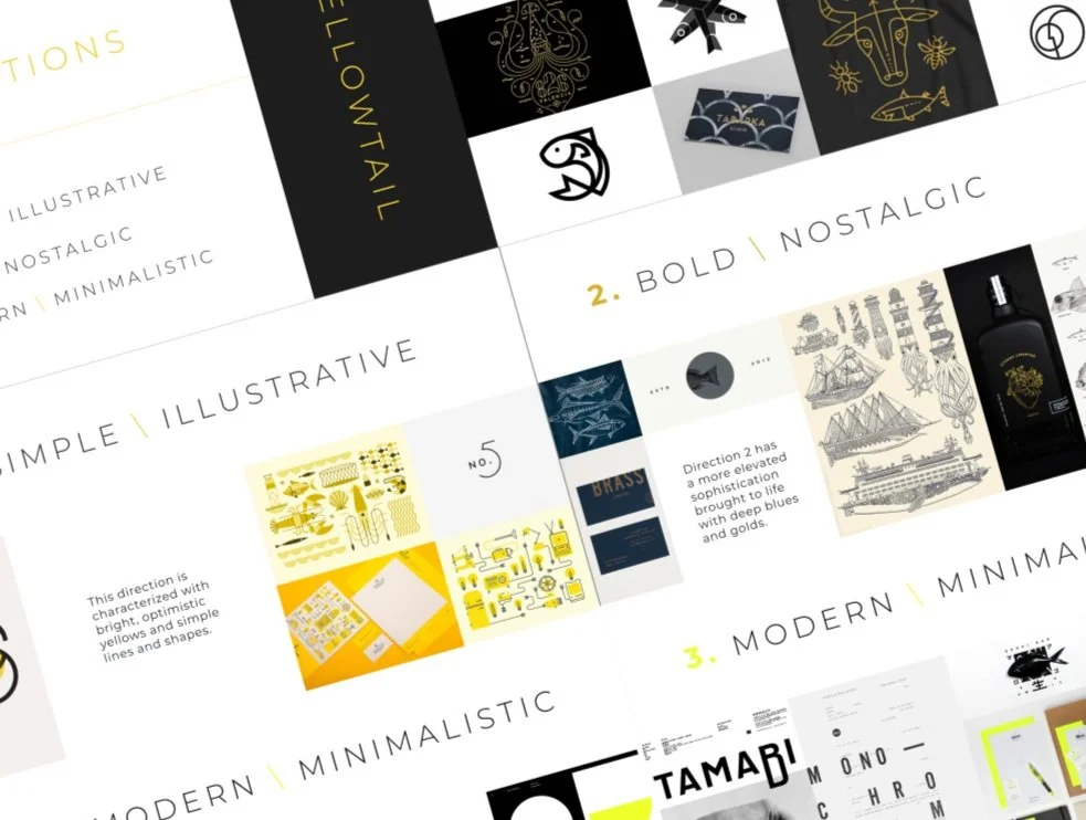A graphic design layout showcasing different design styles including illustrative, bold nostalgic, modern minimalistic, with various images, icons, and color schemes.