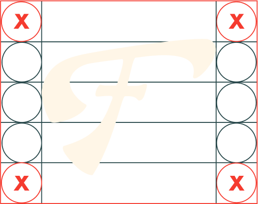 A white cursive letter 'F' on a black background with grid lines and red circles with 'X' marks.