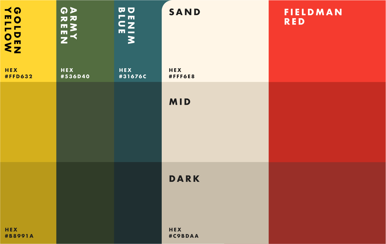 Color palette chart with six colors labeled from left to right: Golden Yellow, Army Green, Denim Blue, Sand, Feldman Red, and Dark. Each color has its HEX code listed below.