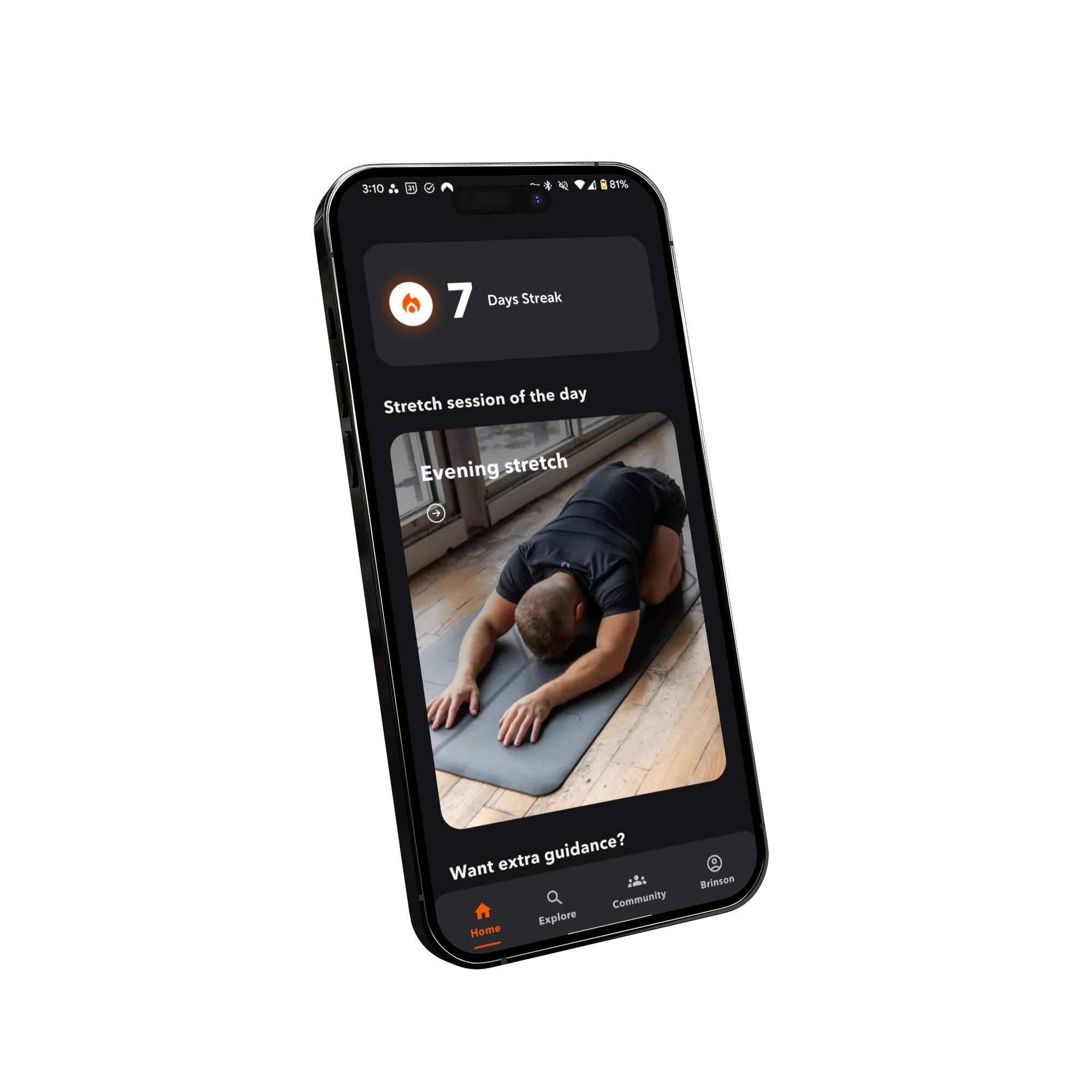 Smartphone displaying an app showing a 7-day streak, a photo of a person doing an evening stretch on a yoga mat, and navigation icons at the bottom labeled Home, Explore, Community, and Branson.