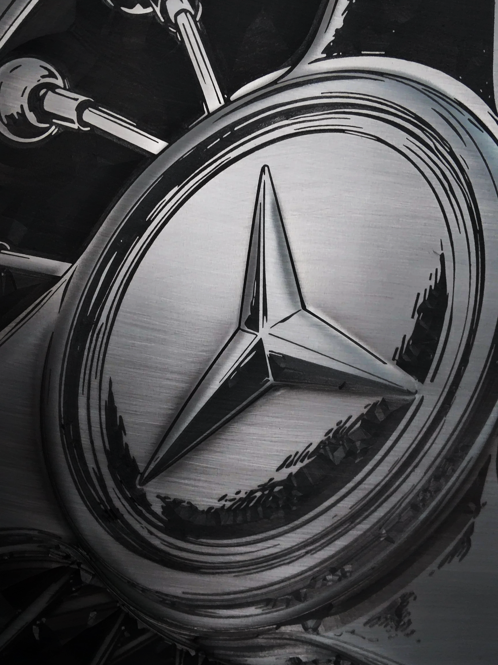 Close-up of a metallic clock with the Mercedes-Benz logo in the center of the face.