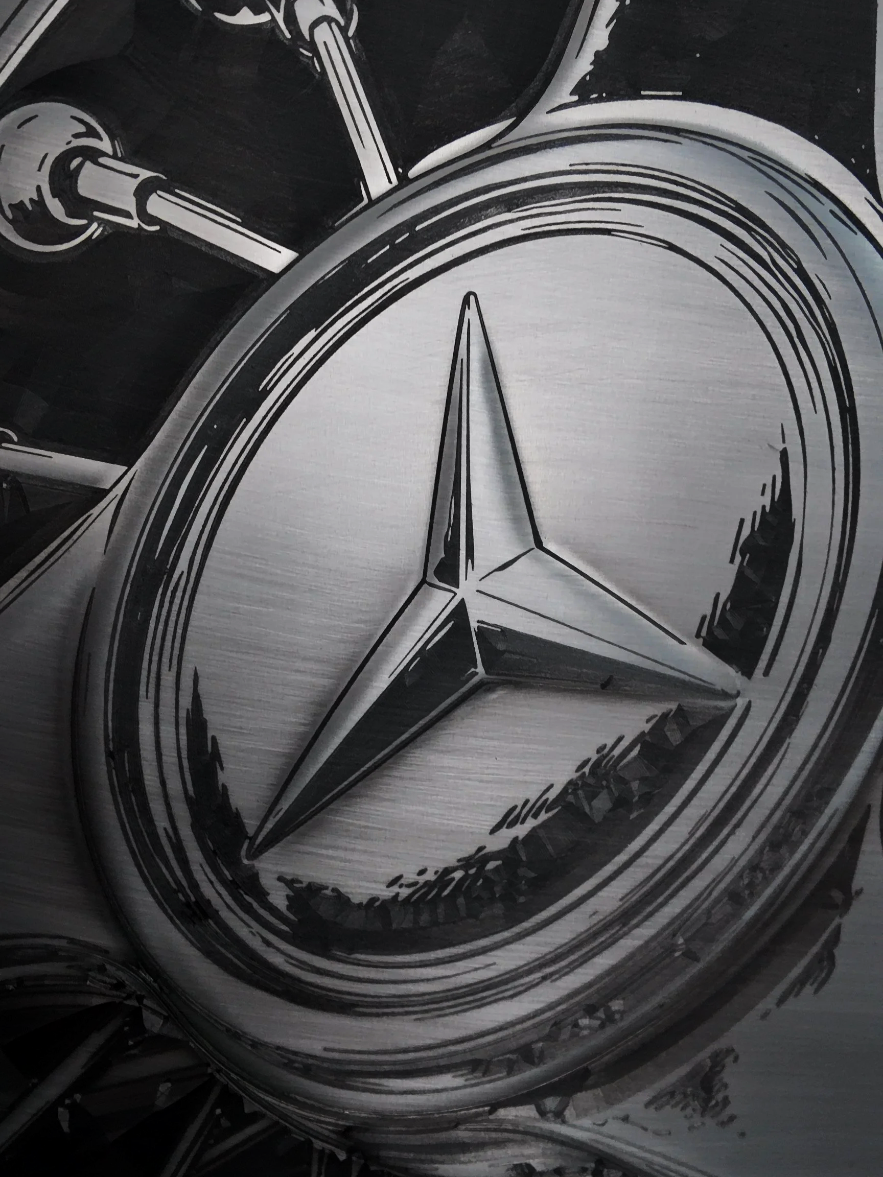 A close-up illustration of a car's speedometer and steering wheel, drawn with black and white lines.