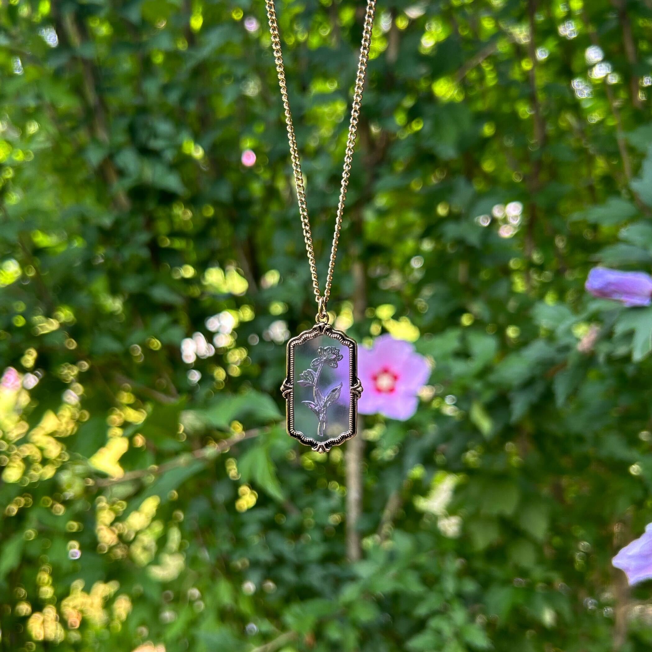 Flower Etched, Purple Glass Pendant