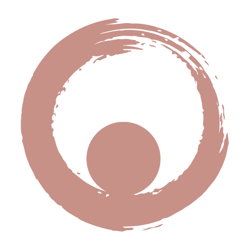An abstract design featuring a large, rough circle with a smaller solid circle inside it, all in shades of muted pink and black.
