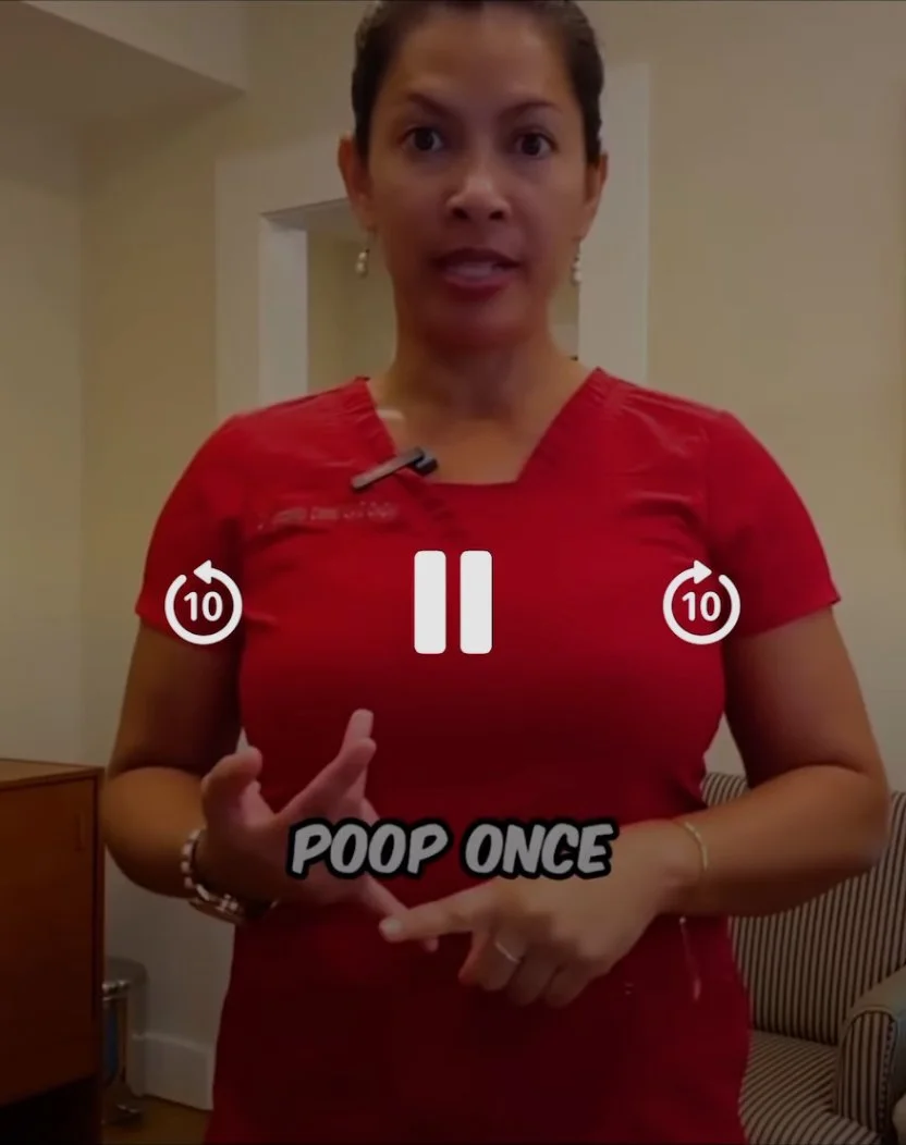 A woman in a red shirt standing indoors, gesturing with her hands. The words on the image say 'POOP ONCE' with a countdown timer and a pause icon.