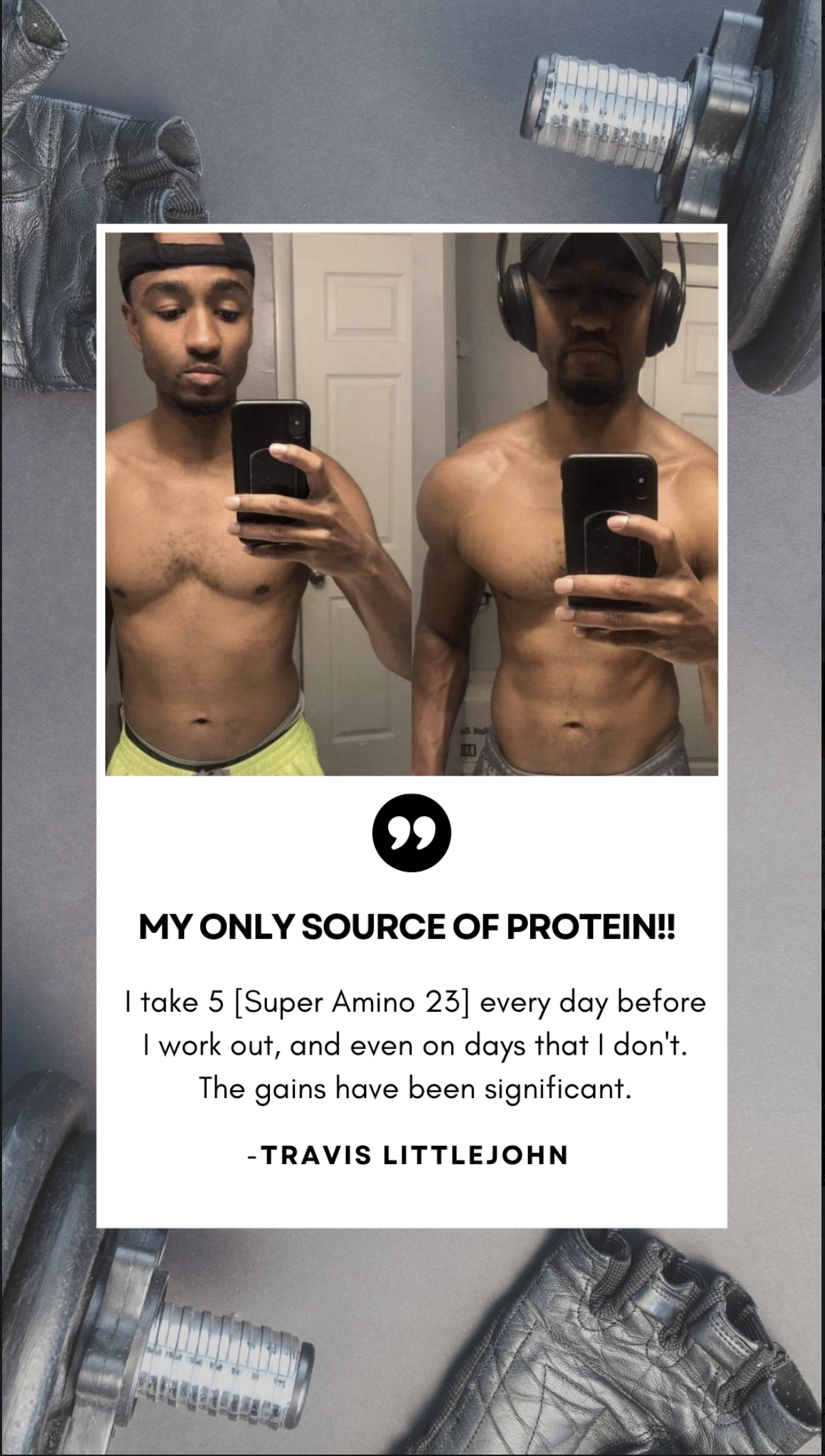 Before and after photos of a man showing muscle gains from taking Super Amino 23, with gym equipment and a quote about protein supplement benefits.