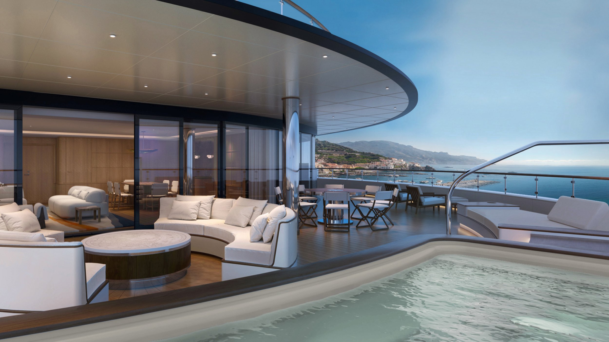 A luxurious yacht deck with white outdoor furniture, a hot tub, and a panoramic ocean view with rolling hills in the distance.