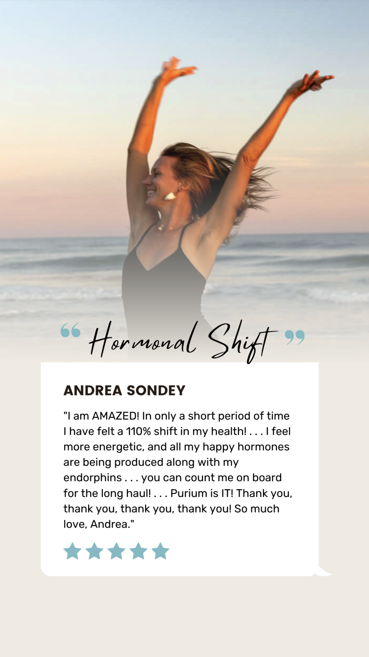 A woman on the beach with arms raised, smiling, at sunset. Overlaid text promoting hormonal health, featuring a testimonial from Andrea Sondey with five stars.