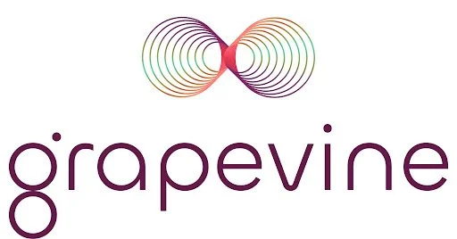 A stylized infinity symbol made of colorful concentric lines above the word "grapevine" in purple lowercase letters.