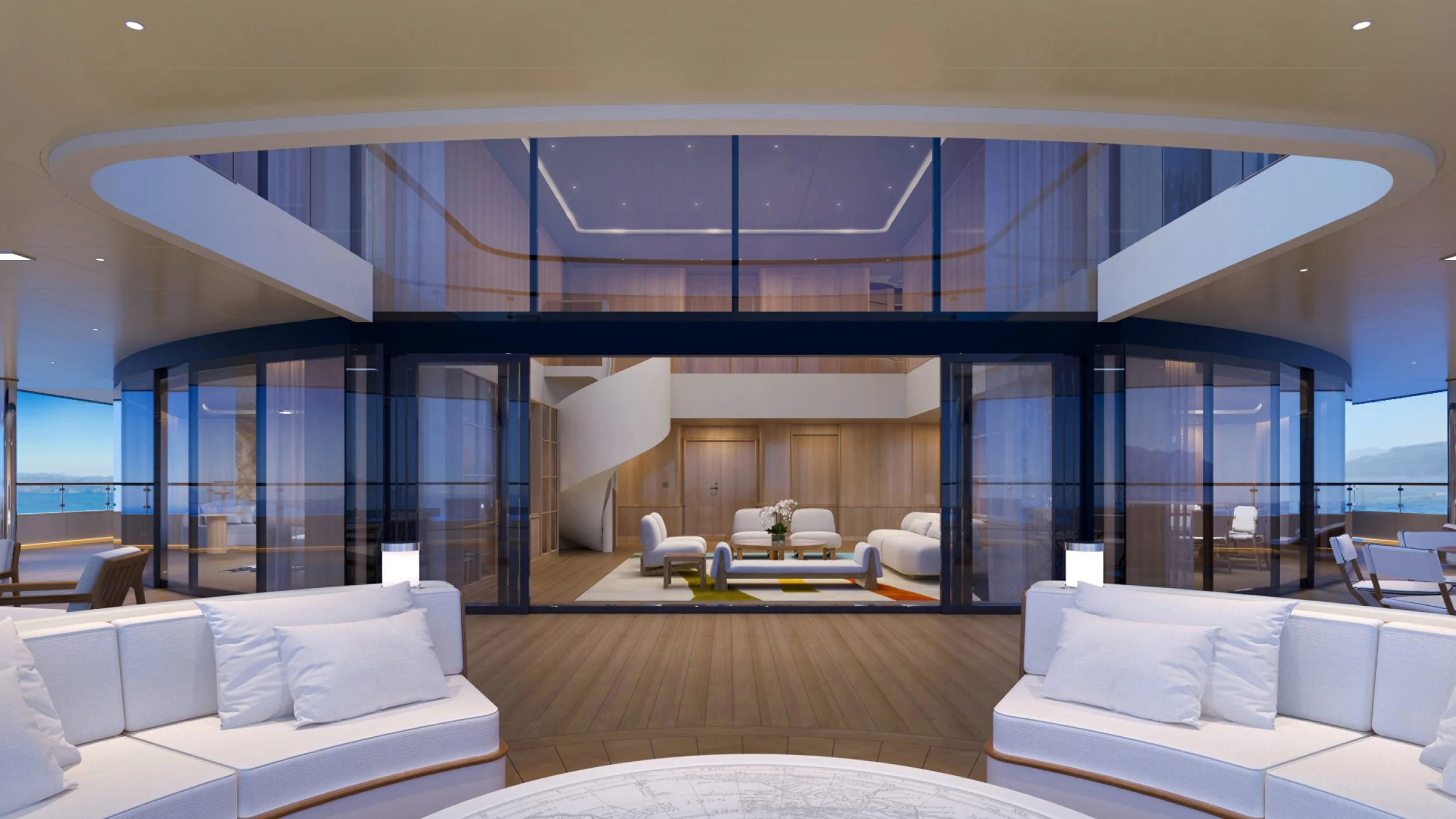 Modern luxury lounge area with white cushioned sofas, glass walls, and a staircase, overlooking an ocean view.