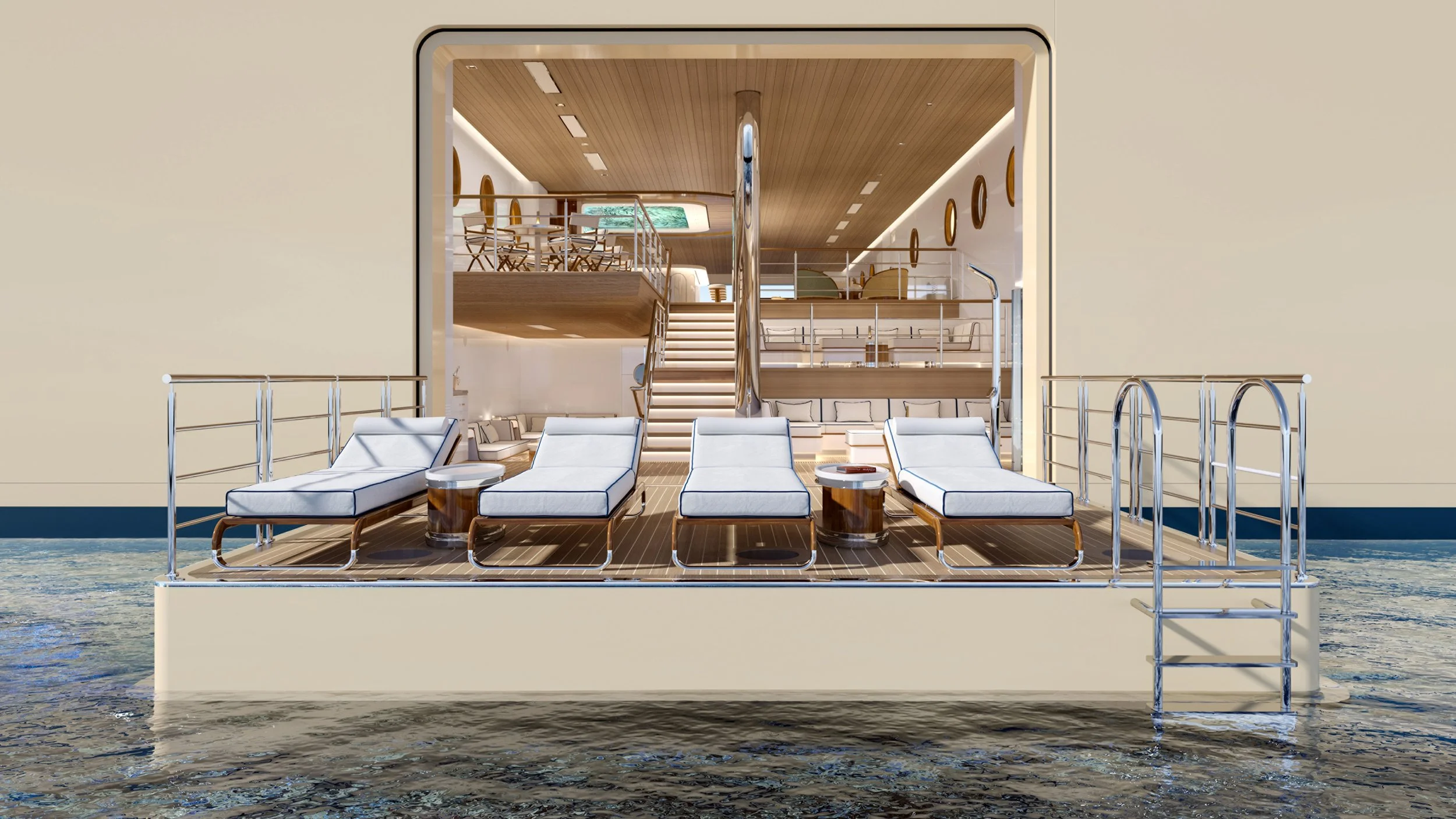 A view of a luxurious yacht with white lounge chairs on the deck, metal railings, and an indoor upper level with wooden flooring and modern furnishings visible through a large rectangular opening.