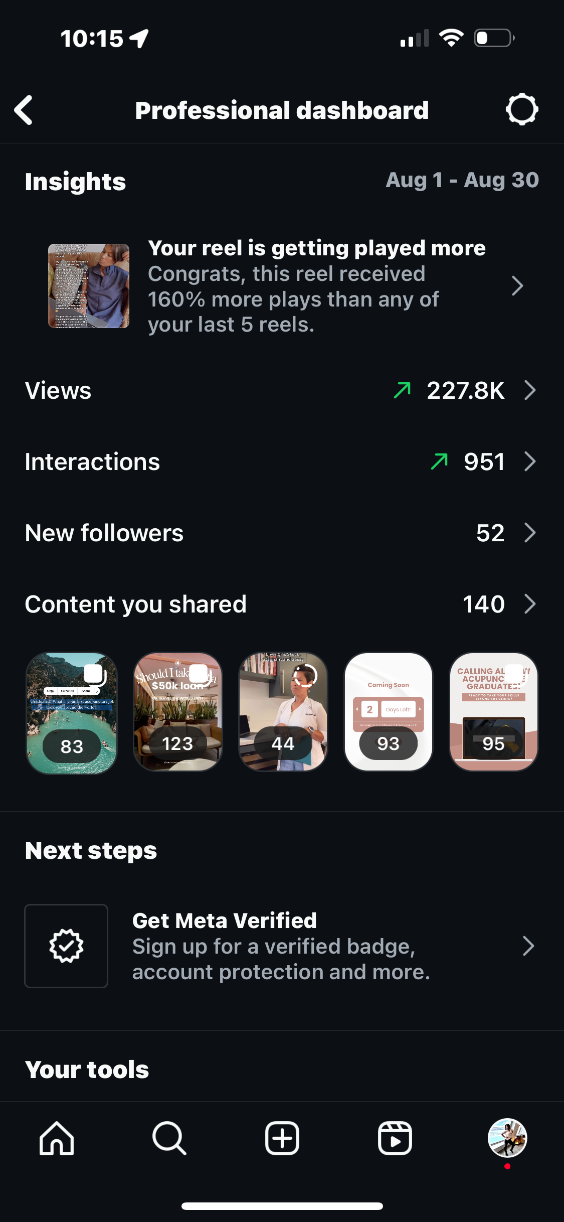Screenshot of a TikTok professional dashboard displaying insights such as increased views, interactions, new followers, and shared content with a grid of recent videos