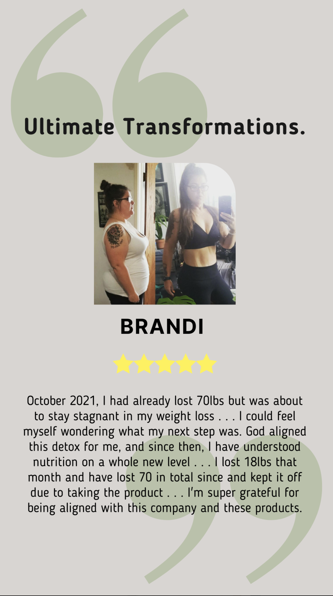 Before and after photos of a woman named Brandi, showing weight loss progress with a five-star review and a personal testimonial about her experience with a detox program.