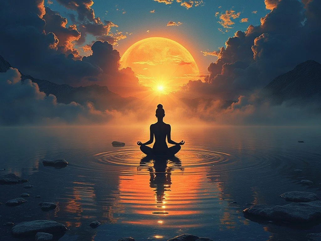 Silhouette of person meditating on a calm lake during sunset, surrounded by mountains and clouds, with a large, glowing sun in the background.