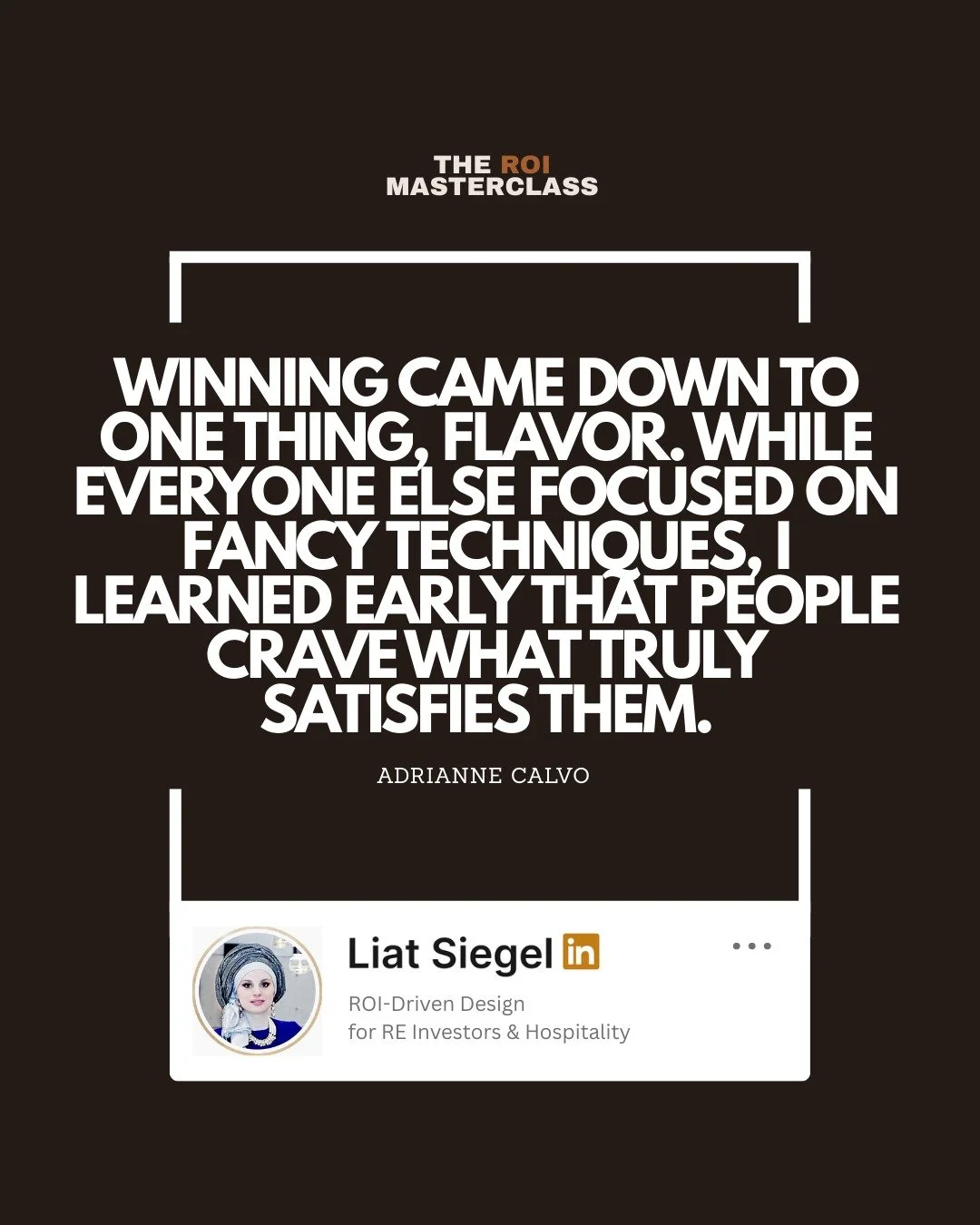Winning = focusing on what actually satisfies people. 🍽️✨

Lesson: In real estate, that&rsquo;s livability and experience &mdash; not just pretty finishes.

🎙️ This quote comes from my podcast The ROI Masterclass Podcast and my guest is @chefadrian