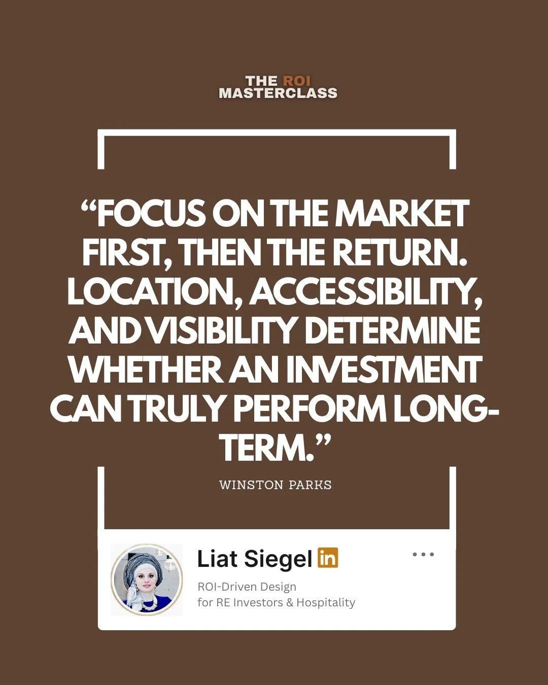 &ldquo;Market first. Return second.&rdquo; &mdash; Winston Parks

Location, accessibility, and visibility decide whether a deal performs &mdash; or stalls.

This quote comes from my podcast The ROI Masterclass Podcast with Winston Parks.

👇 Full epi