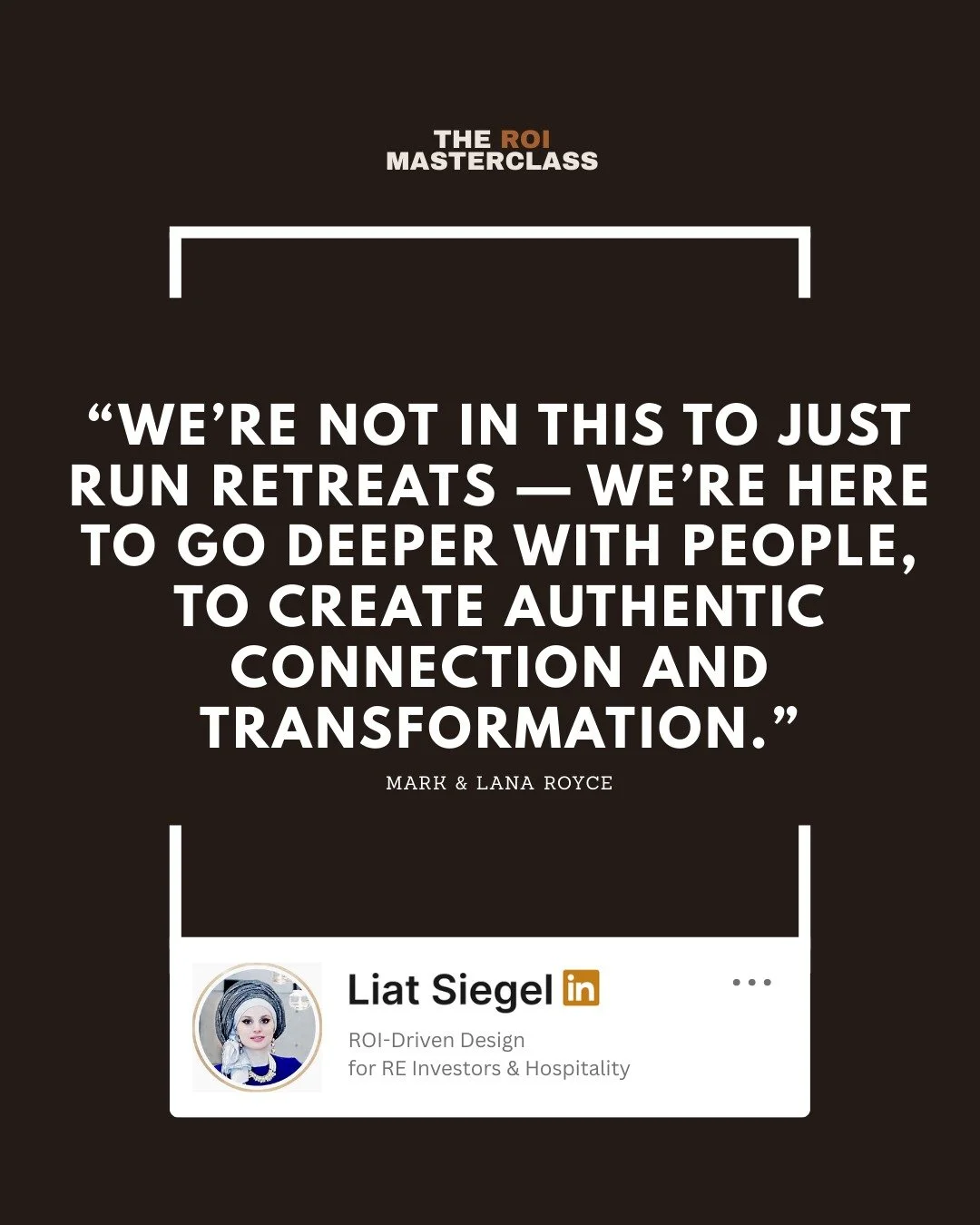 &ldquo;Connection creates transformation.&rdquo; &mdash; Mark &amp; Lana Royce

When the experience goes deeper, the impact lasts longer.

This quote comes from my podcast The ROI Masterclass Podcast with Mark &amp; Lana Royce.

👇 Full episode + pla
