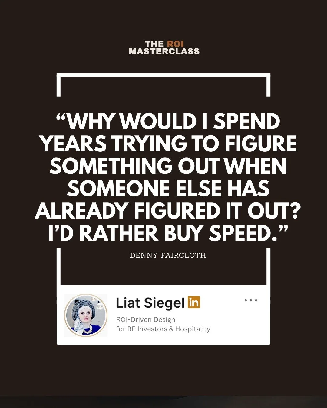 &ldquo;Don&rsquo;t buy time &mdash; buy speed.&rdquo; &mdash; Denny Faircloth

Leverage beats learning the hard way.

This quote comes from my podcast The ROI Masterclass Podcast with Denny Faircloth.

👇 Full episode + playlists in the comments.

#E
