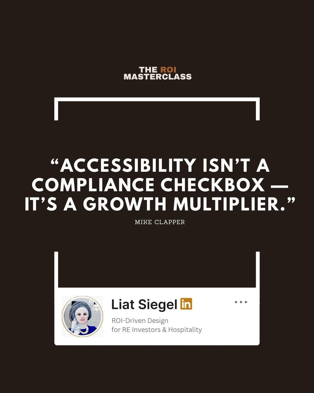 &ldquo;Accessibility = Growth.&rdquo; &mdash; Mike Clapper

When more people can access your business, more people choose it.

This quote comes from my podcast The ROI Masterclass Podcast with Mike Clapper.

👇 Full episode + playlists in the comment