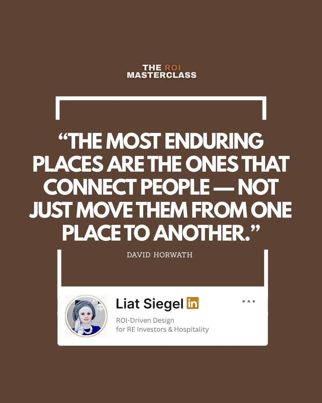 &ldquo;Enduring places connect people.&rdquo; &mdash; David Horwath

Movement is functional.
Connection is transformational.

This quote comes from my podcast The ROI Masterclass Podcast with David Horwath.

👇 Full episode + playlists in the comment