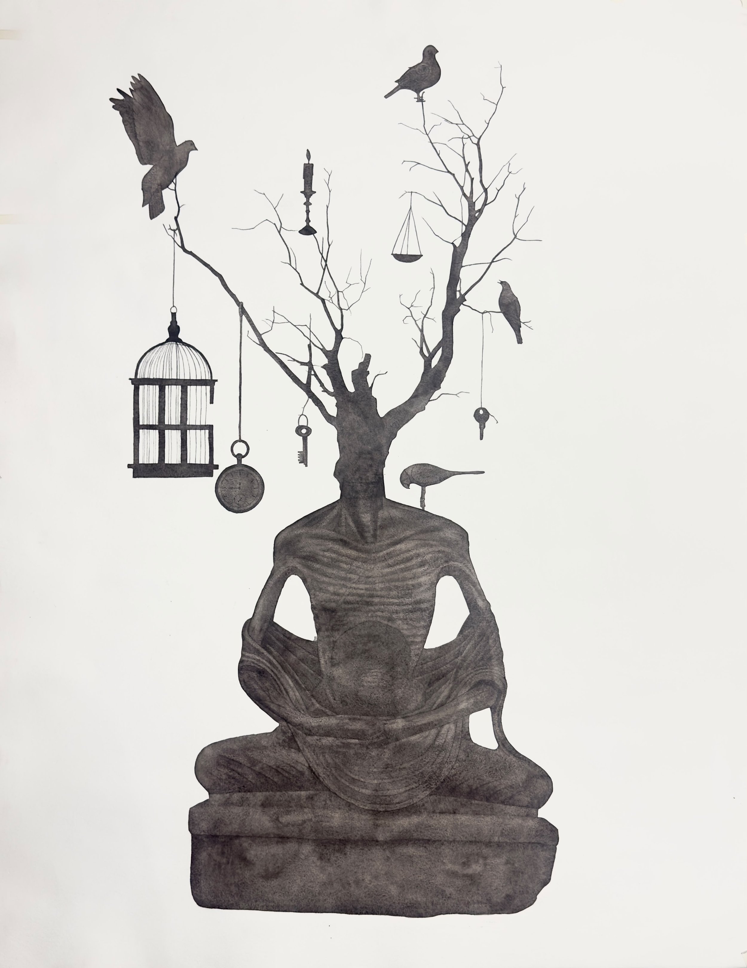 Black and white illustration of a human figure with a tree growing from their head, with various objects hanging from the branches, including birds, a cage, a key, a clock, a candle, a boat, and other small items.