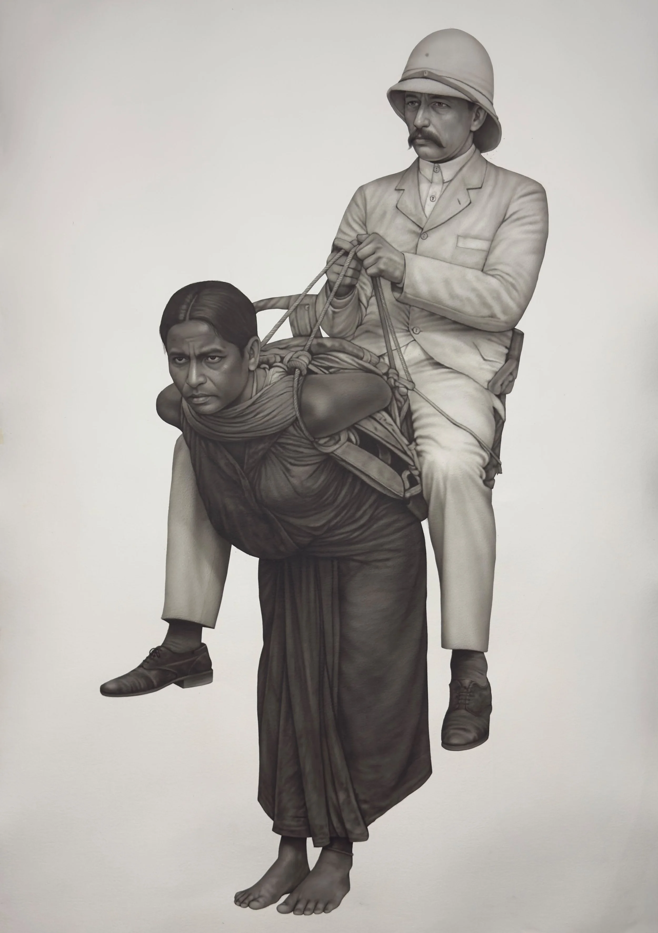 Black and white sculpture of a man with a mustache wearing a hat and a suit, sitting on another man who is bent over, with his arms tied behind his back and his head leaning forward, against a plain background.