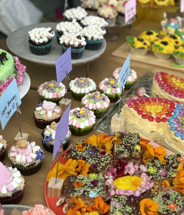 Assorted decorated baked goods including cupcakes with marshmallows and chocolate, a cake with candy dots, and dessert bars topped with flowers and candies.