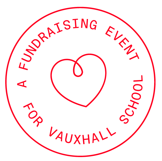 Red circular logo with a heart outline in the center, surrounded by the text 'A Fundraising Event for Vauxhall School' in red.