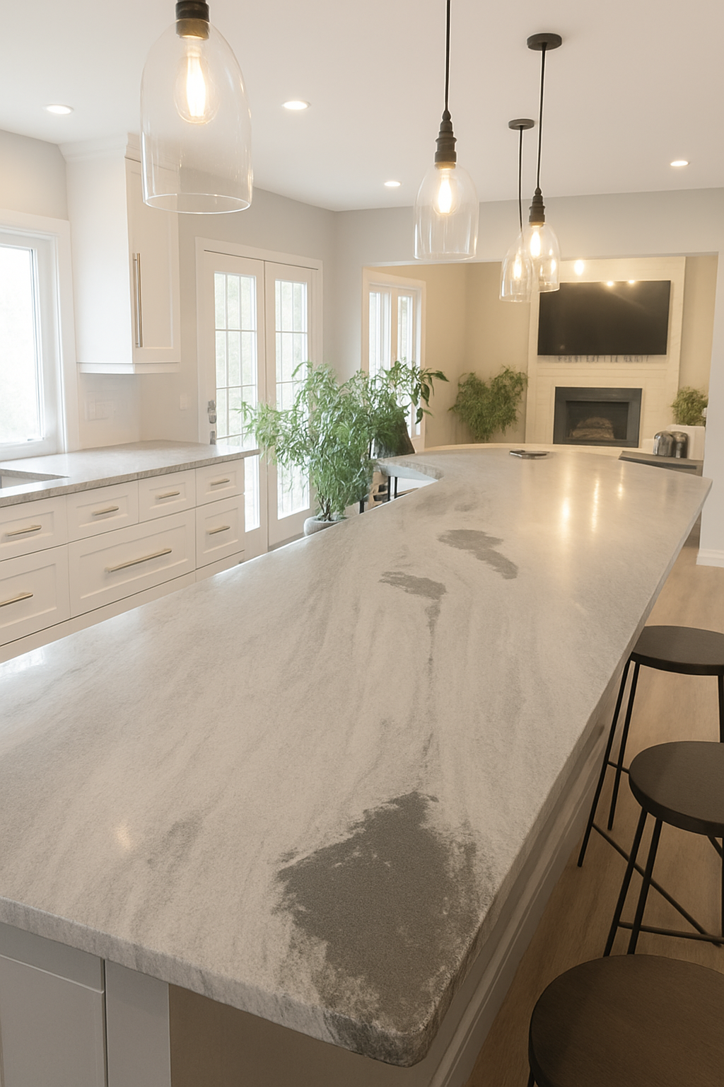 Kitchen with white countertops, cabinets, pendant lights, and a view of the living room with a fireplace and TV.
