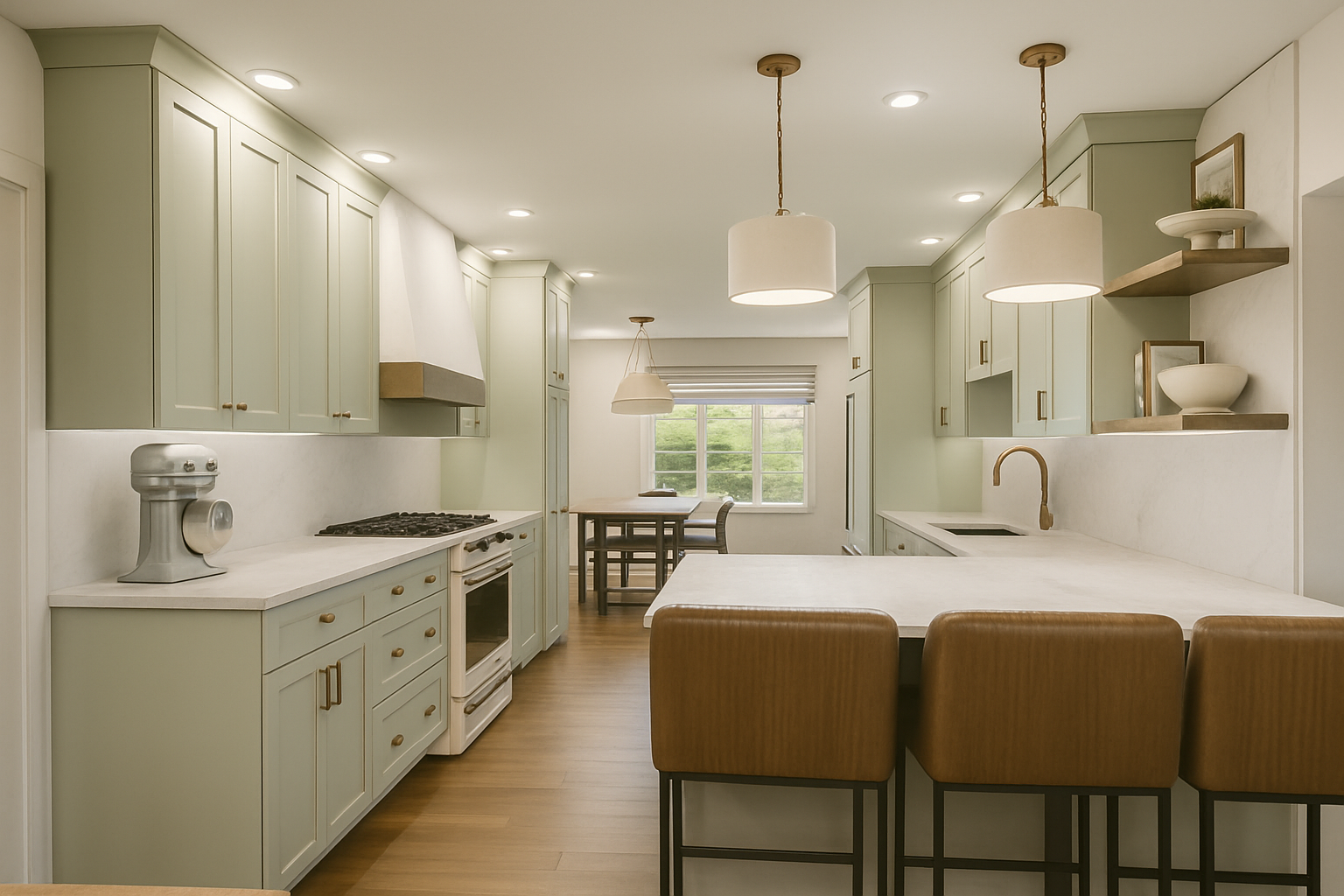 Modern kitchen with light green cabinets, white countertops, and a wood floor. It features pendant lights over the counter, a window with greenery outside, and a small dining table in the background.