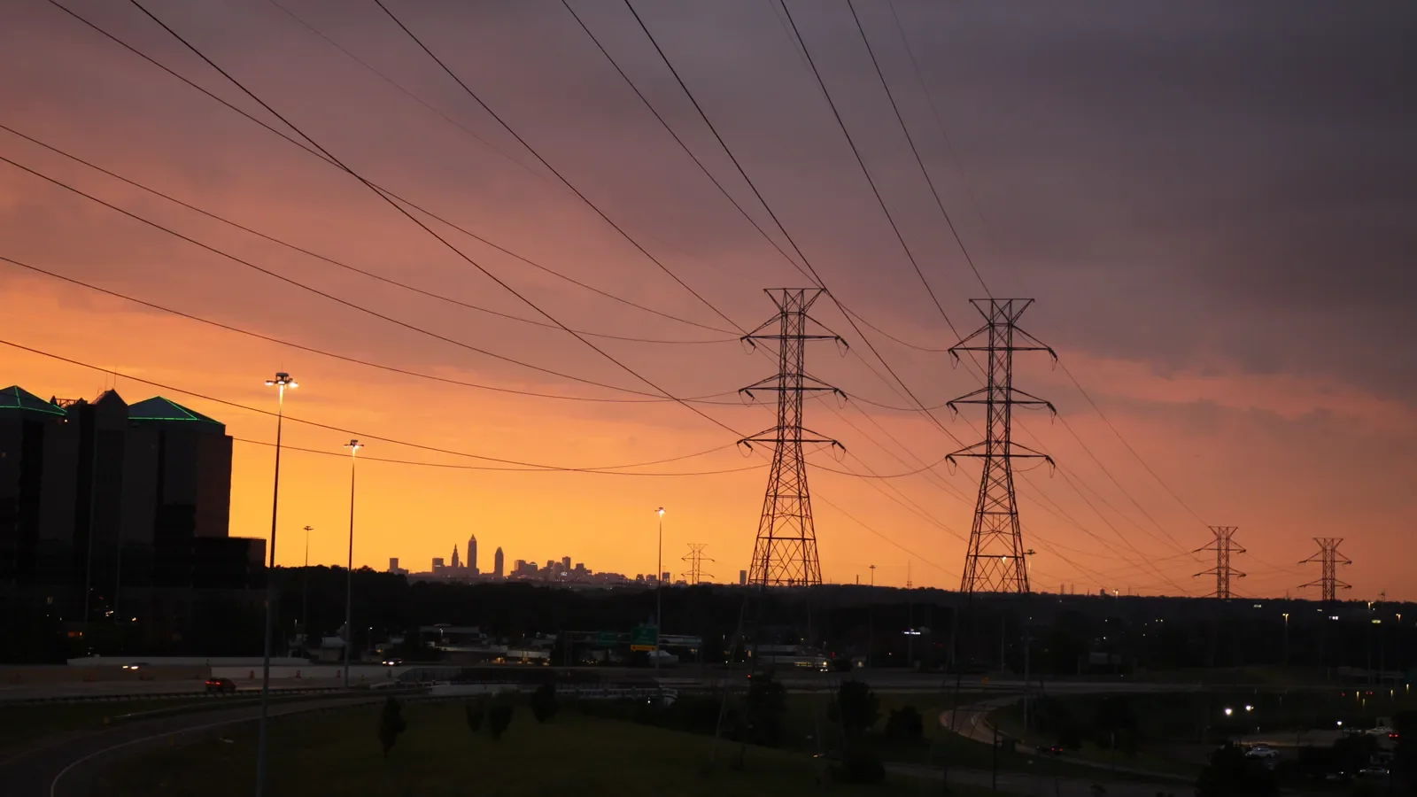 Power lines leading into the city of Cleveland, Ohio.