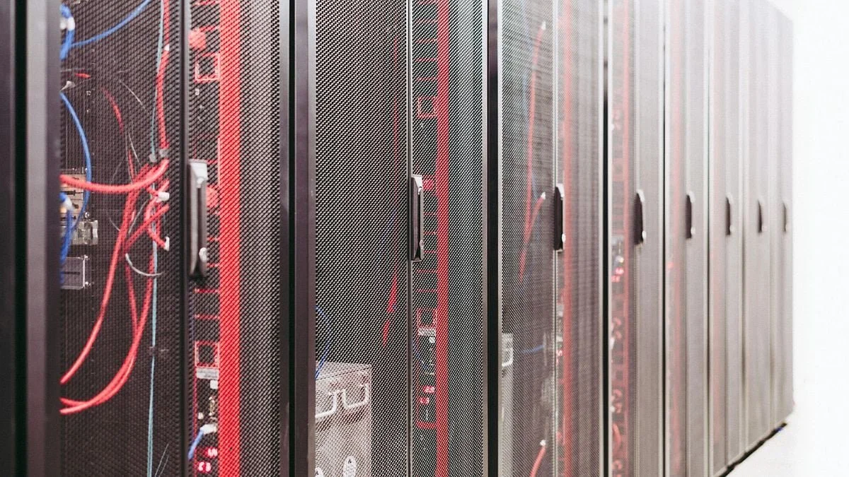 Server racks in a data center.