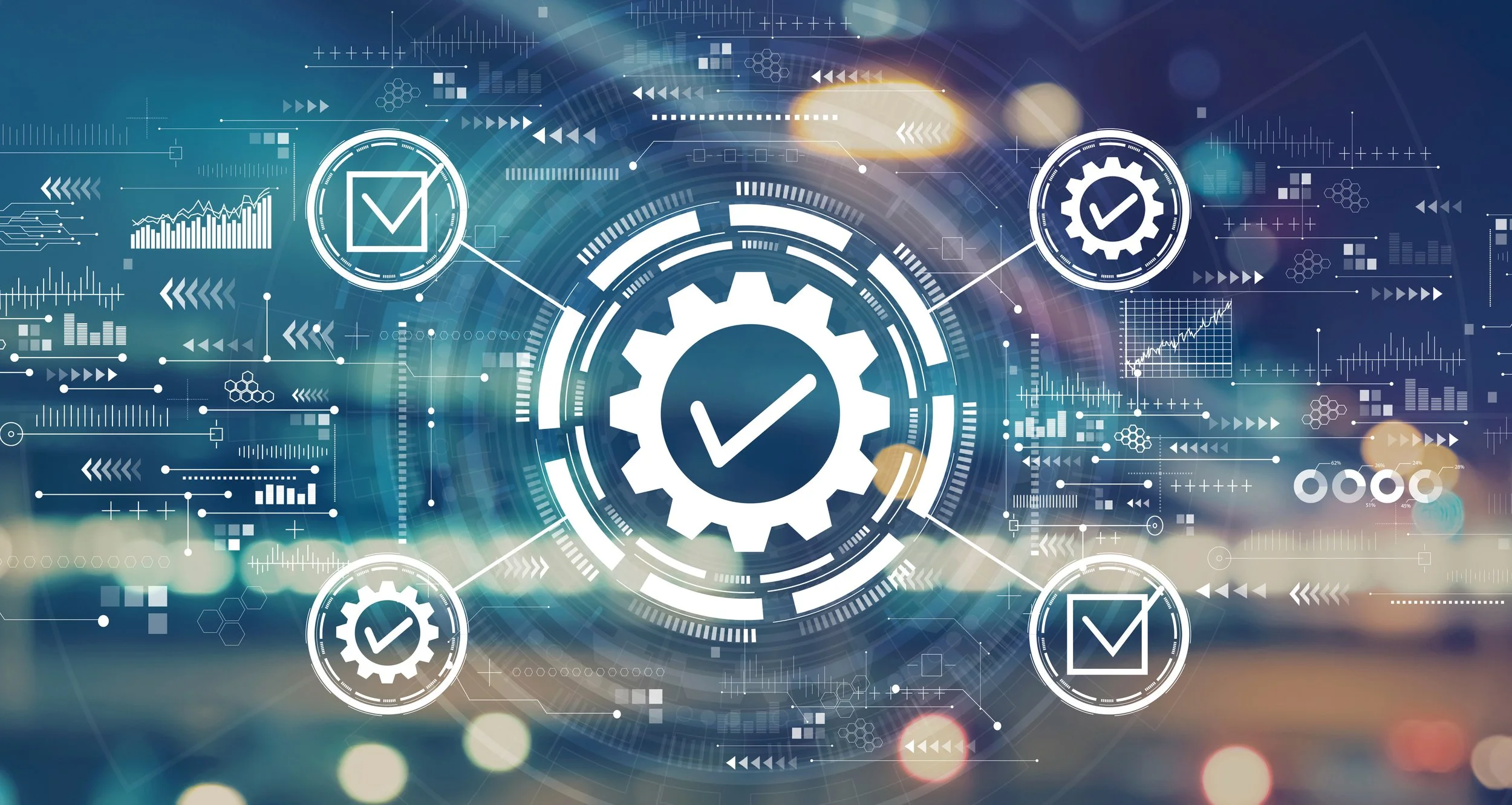 Digital abstract background with gears, checkmarks, and data charts, symbolizing process automation and workflow management.