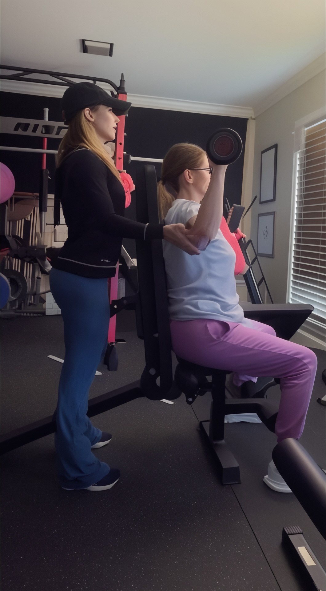 A woman in a white shirt and pink pants seated on a workout bench, lifting a dumbbell with her right arm, while a trainer in a black cap and black top assists her by holding her arm. The scene takes place in a home gym with exercise equipment and windows with blinds.