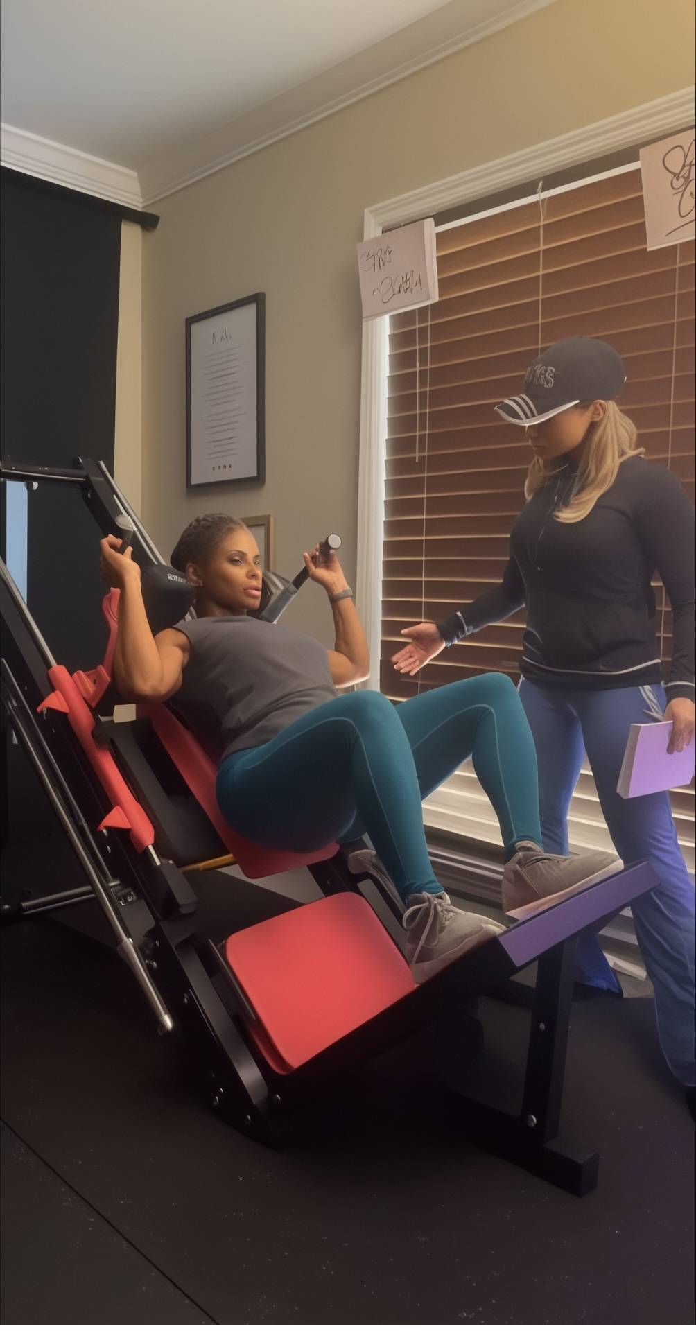 A woman is seated on a leg press machine in a home gym, giving instructions to a trainer who is standing nearby. The trainer is holding a notebook. The room has window blinds and framed artwork on the wall.
