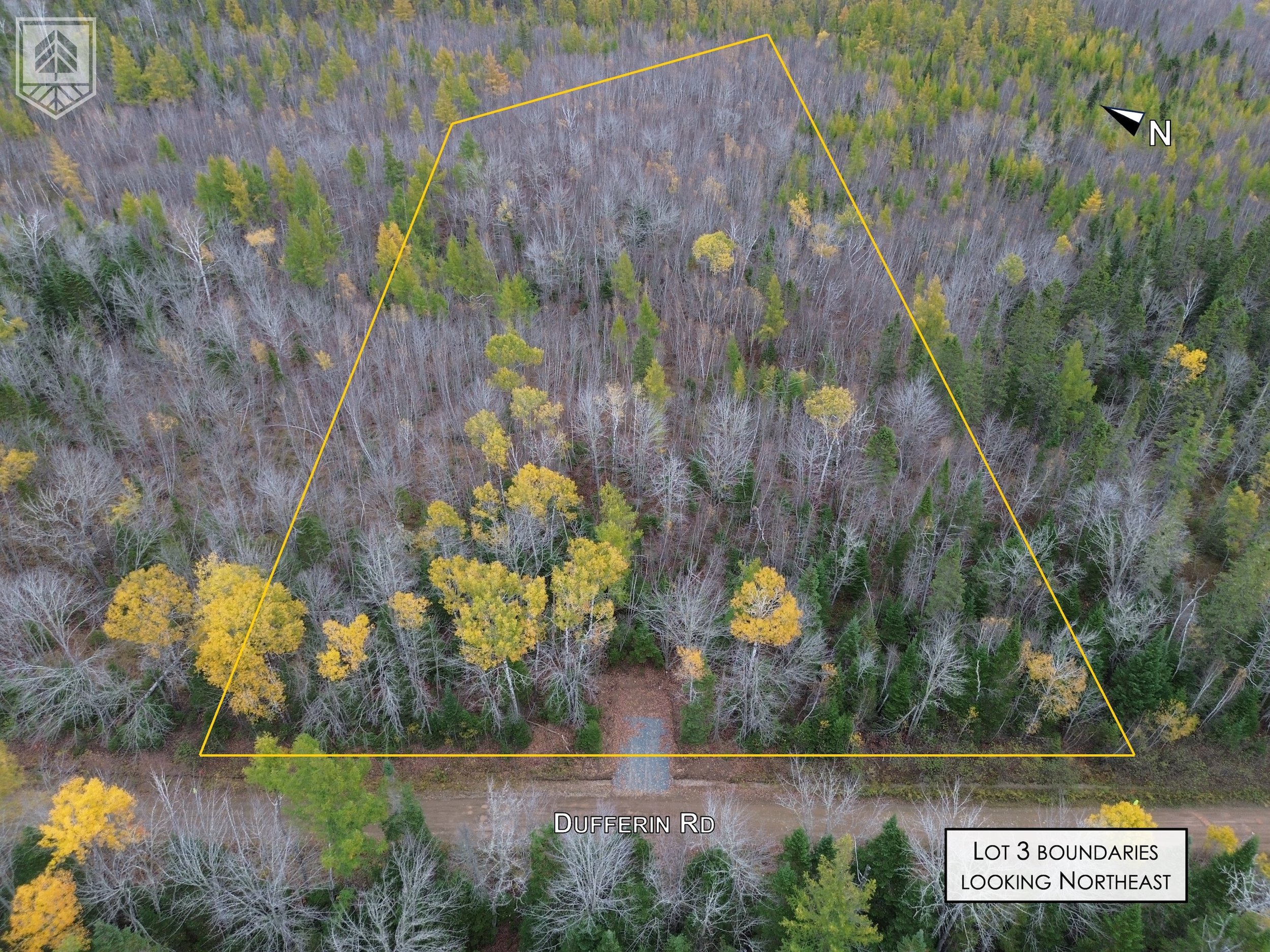 Aerial view of a wooded lot with trees in fall colors, outlined in yellow, with Dufferin Road at the bottom and a label indicating it is Lot 3 boundaries looking northeast.