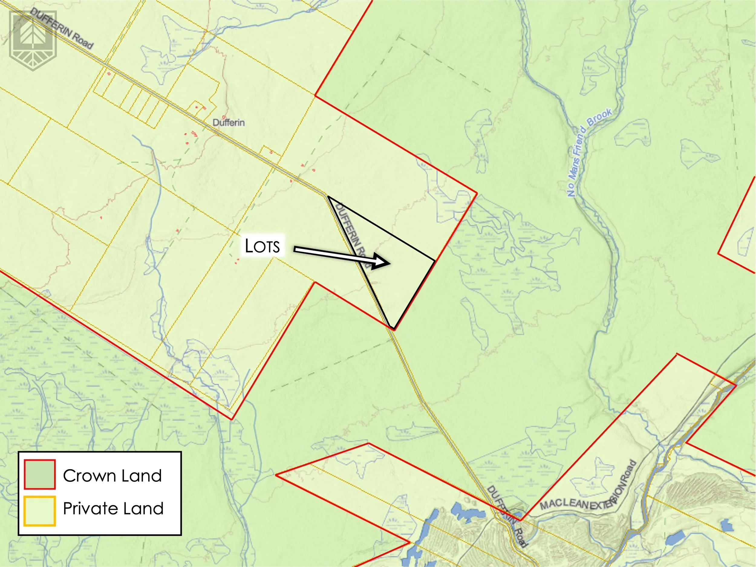 Map showing Crown Land outlined in red and private land outlined in yellow. The map highlights a specific area labeled Dufferin with lots of land parcels. An arrow points to a section of Dufferin Road within the Crown Land.