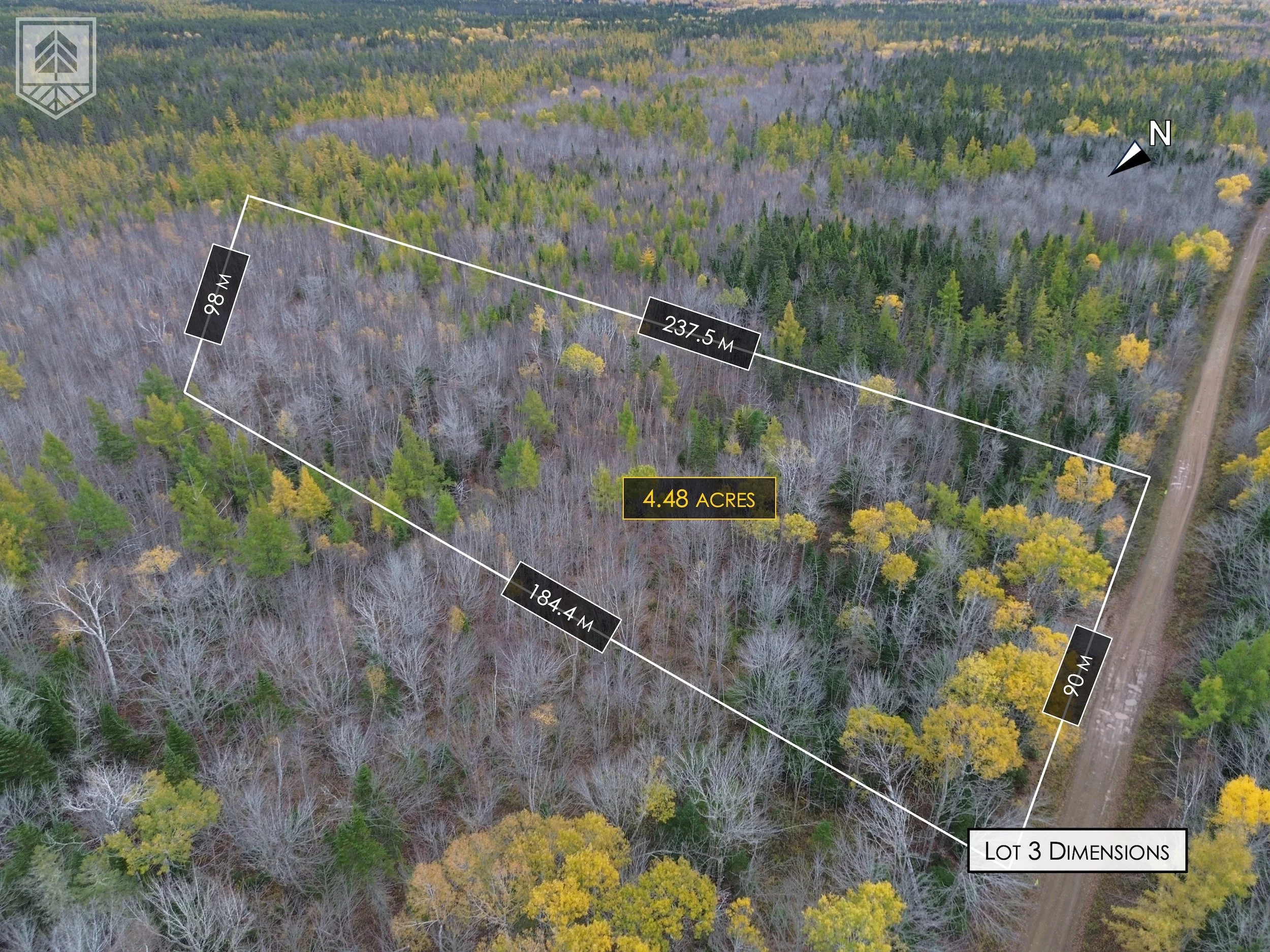 Aerial view of a rectangular wooded land lot measuring 4.48 acres, outlined with dimensions of 237.5 meters, 98 meters, 184.4 meters, and 90 meters. The lot is adjacent to a dirt road on one side, with a dense forest of trees in various shades of gre