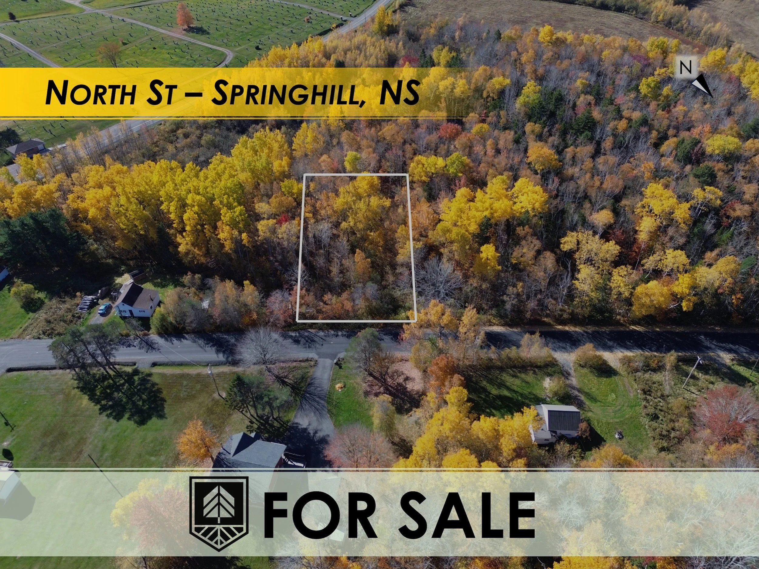 Aerial view of a wooded lot with a rectangular outline, located on North Street in Springhill, Nova Scotia, with surrounding houses, trees in fall colors, and streets.
