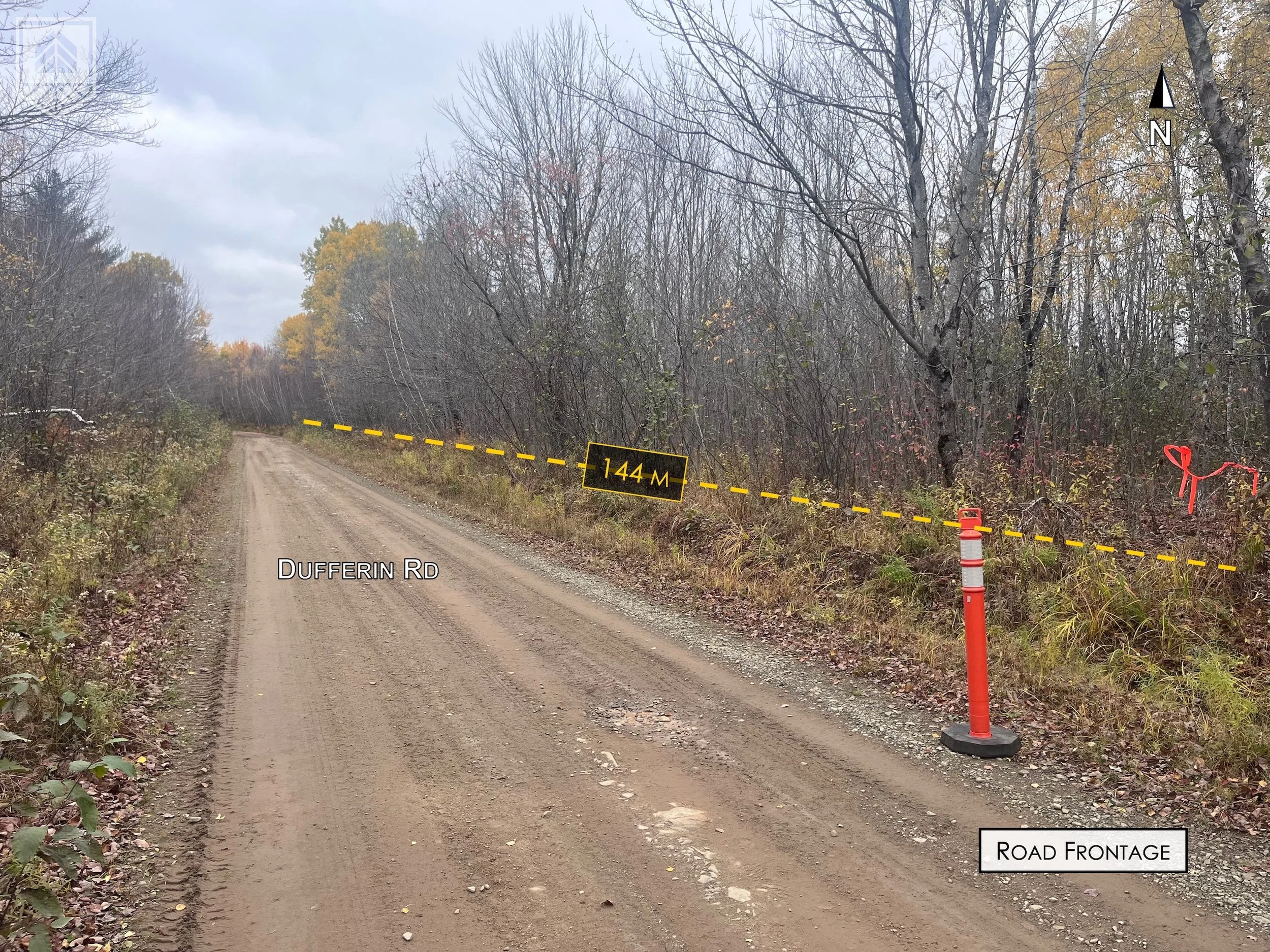 A dirt road labeled Dufferin Road with trees on both sides. A safety cone and red tape are near the roadside, with a yellow dashed line indicating a 144-meter boundary.