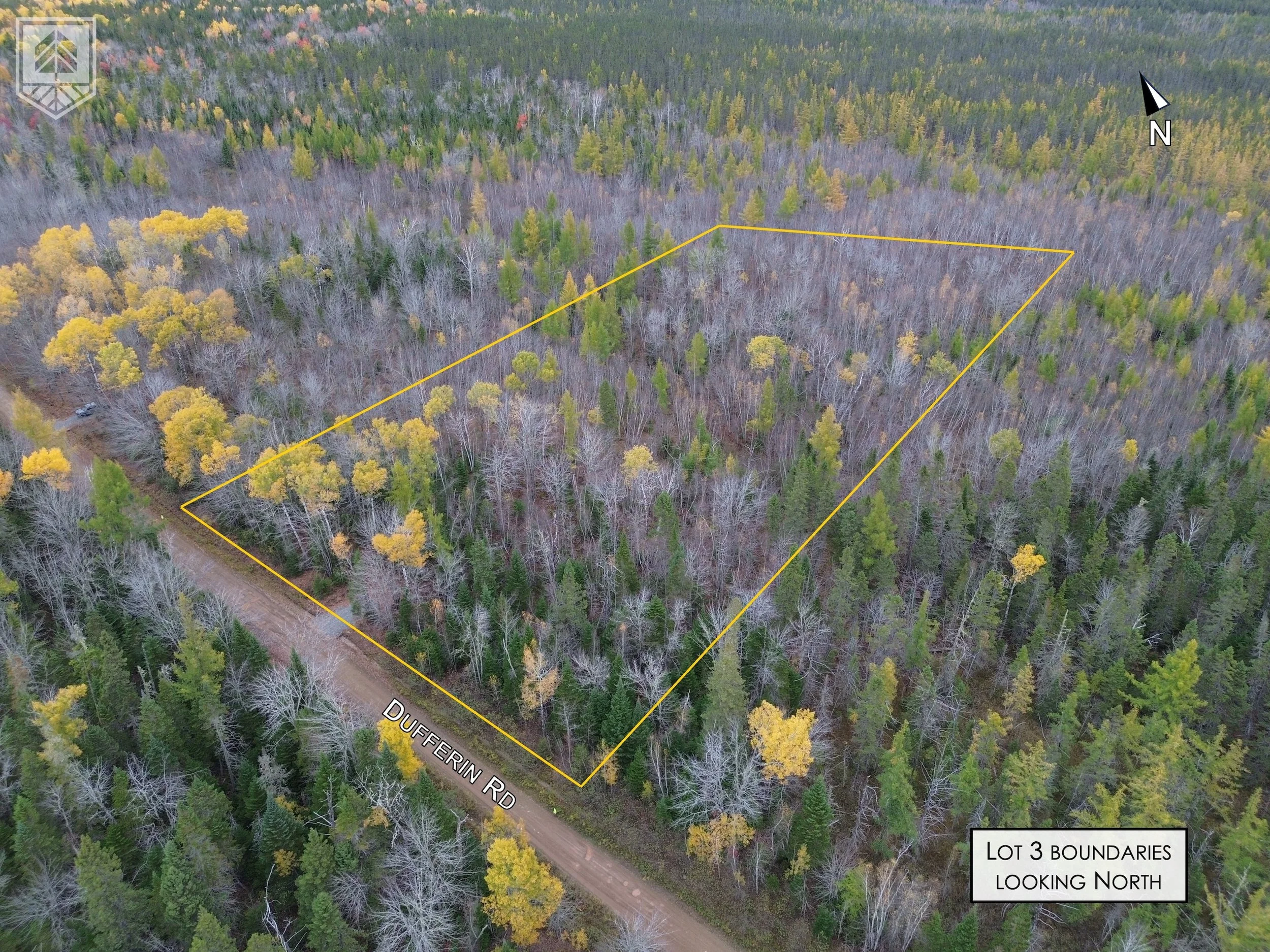 Aerial view of a forested lot with a yellow boundary outline, showing trees in various shades of green and yellow, with a dirt road labeled Dufferin Road in the foreground, and a caption indicating Lot 3 boundaries looking north.
